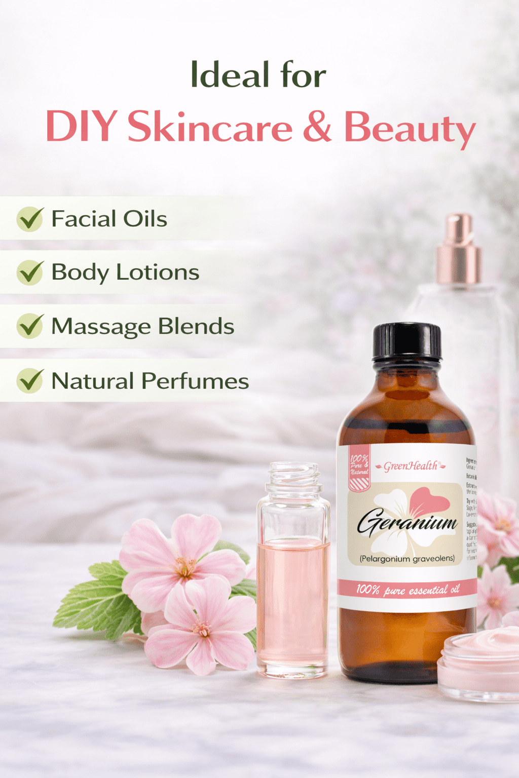 GreenHealth Geranium Essential Oil – 4 fl oz (118 ml) Glass Bottle w/Glass Dropper – 100% Pure