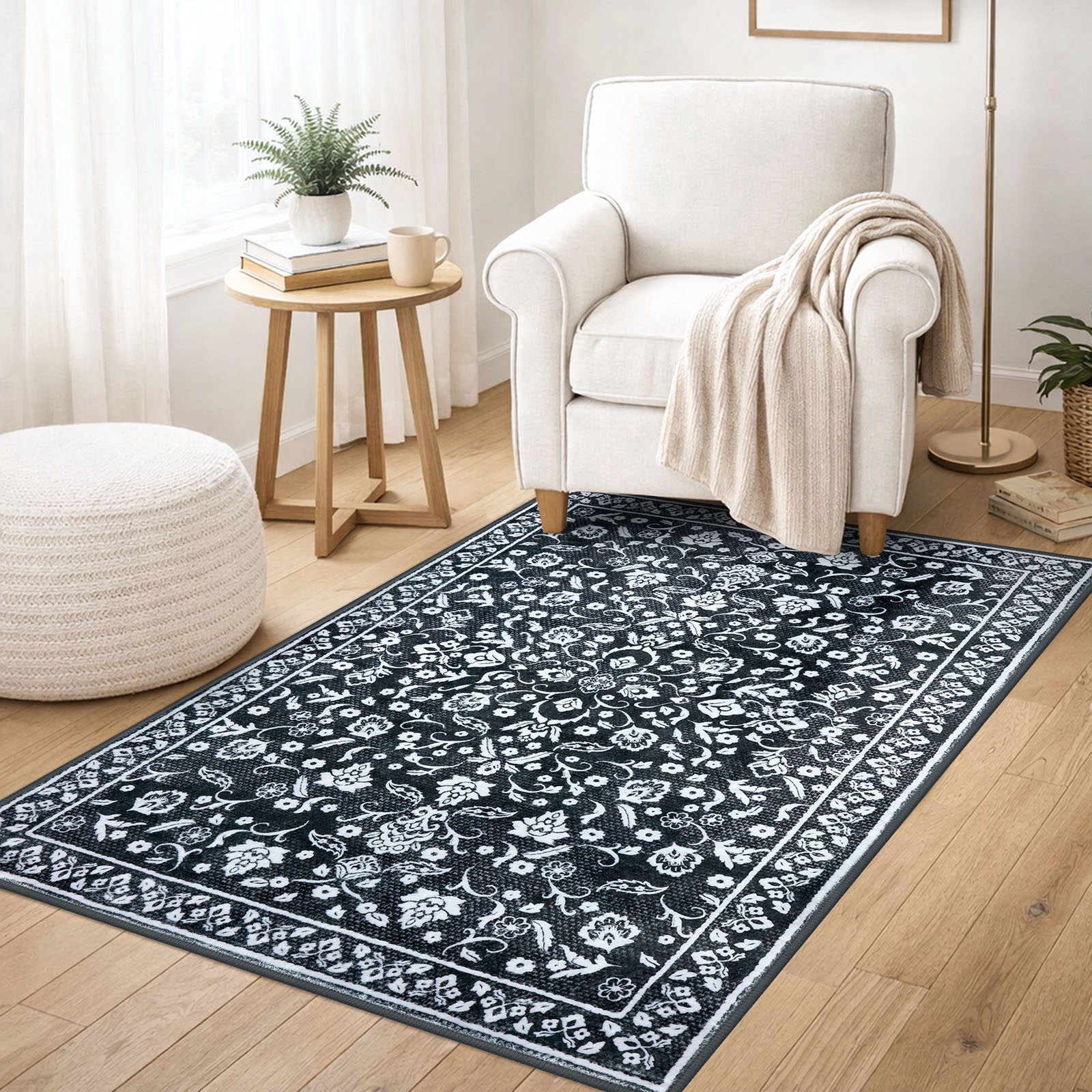 GLATTICE Entryway Rugs 3x5 ft Washable Area Rug Super Soft Rug Non Slip Rubber Backed Entry Rug for Kitchen Bedroom Office Living Room, Charcoal Black White