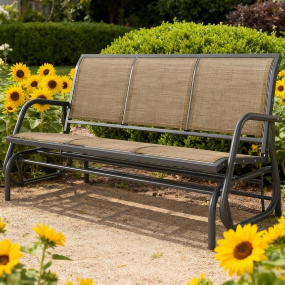 Outdoor 3-Seat Glider Bench Porch Swing with Breathable Mesh & Metal Frame | Walnut Brown & Light Gray | Mesh, Metal