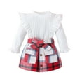 thumbnail image 1 of MEZZALL Infants Girl Fall Winter Clothes Solid Color Long Sleeve Ribbed T-Shirt Tshirts Knit Tops Plaid Button Mini Skirts Set Outfits Comfort Dailywear, White, 12-18 Months, 1 of 8