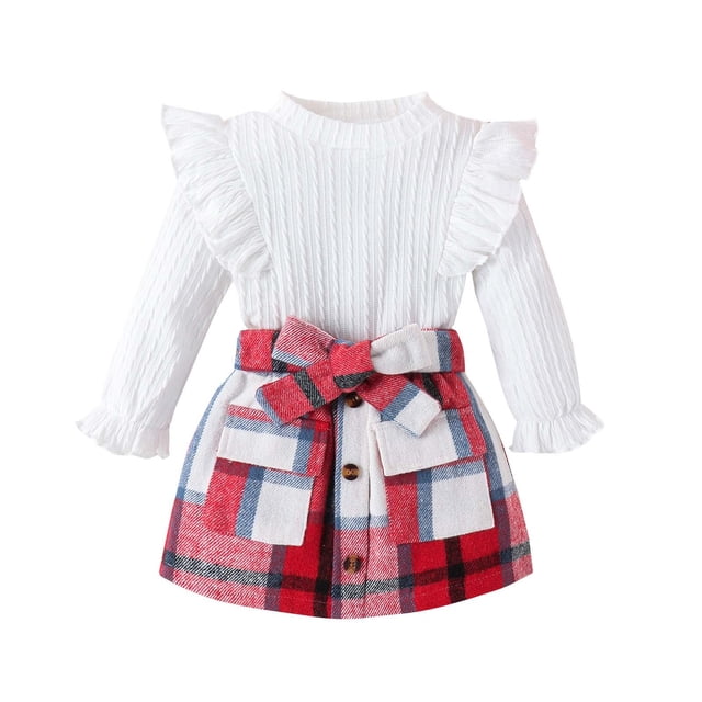 MEZZALL Infants Girl Fall Winter Clothes Solid Color Long Sleeve Ribbed T-Shirt Tshirts Knit Tops Plaid Button Mini Skirts Set Outfits Comfort Dailywear, White, 12-18 Months