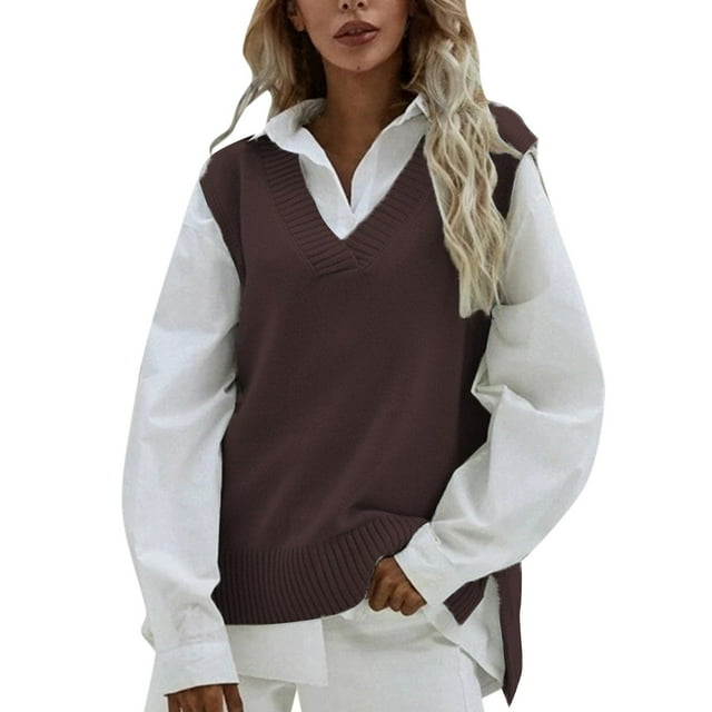 Femmes Décontracté Sans Manches Col en V Tricot Côtelé Fendu Chandail Chandail Gilet Blouse Hauts