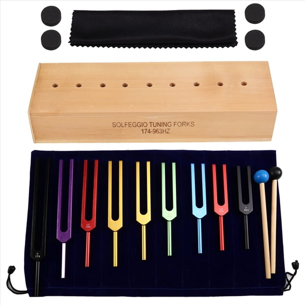 Juego de 9 Diapasones de Colores con Martillo y Caja de Madera para Meditación, Yoga y Relajación.