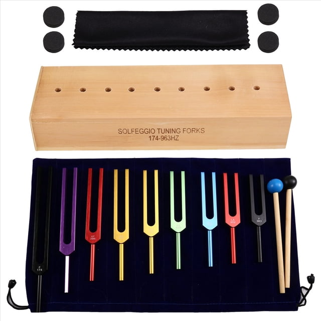 Juego de 9 Diapasones de Colores con Martillo y Caja de Madera para Meditación, Yoga y Relajación.