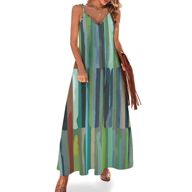 Vestido sin mangas de línea vertical escandinava de estilo étnico verde para mujer 2024 Ropa