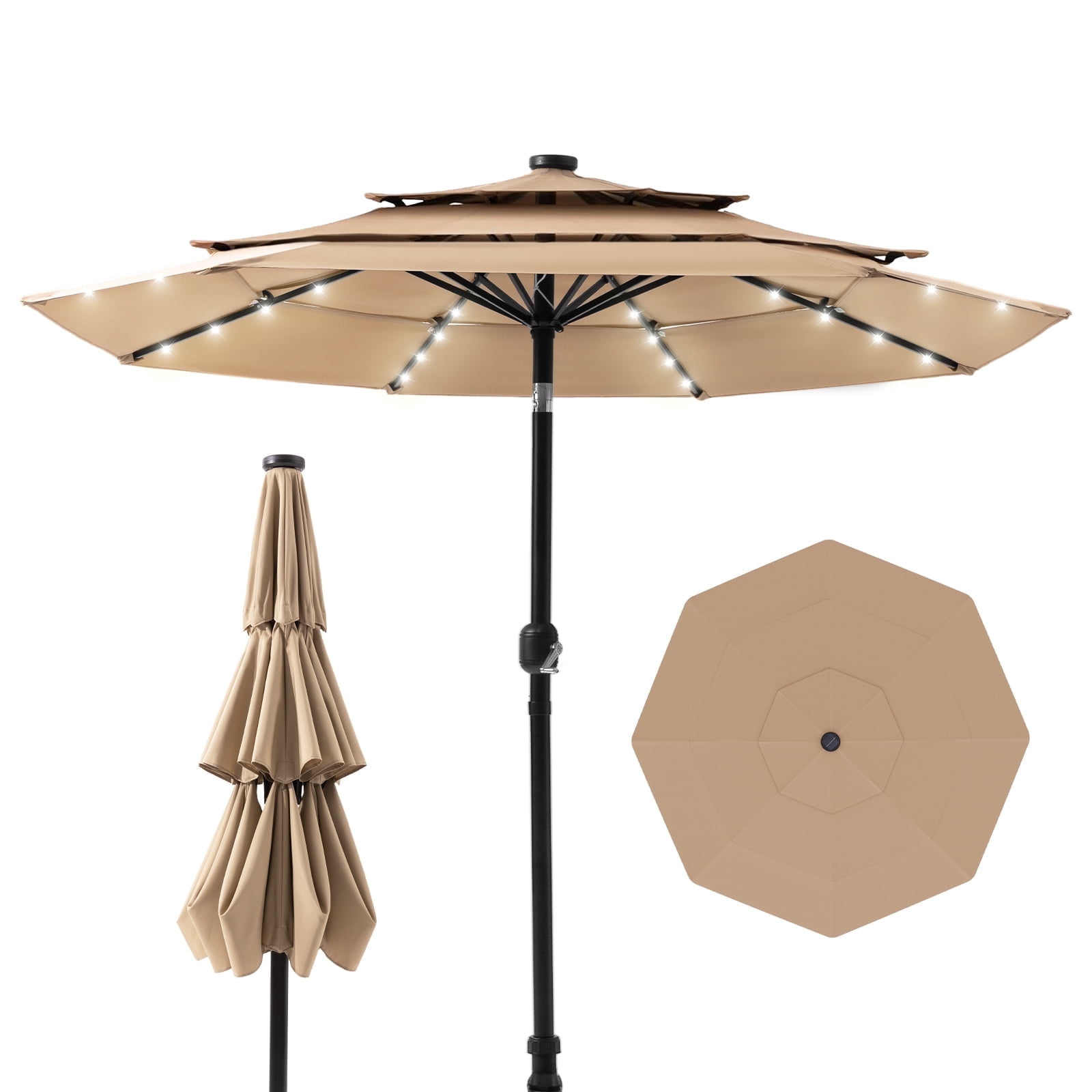 COSIEST 10FT Solar LED Patio Umbrella with Crank Lift,8-Rib Aluminum Outdoor Umbrella for Garden/Pool