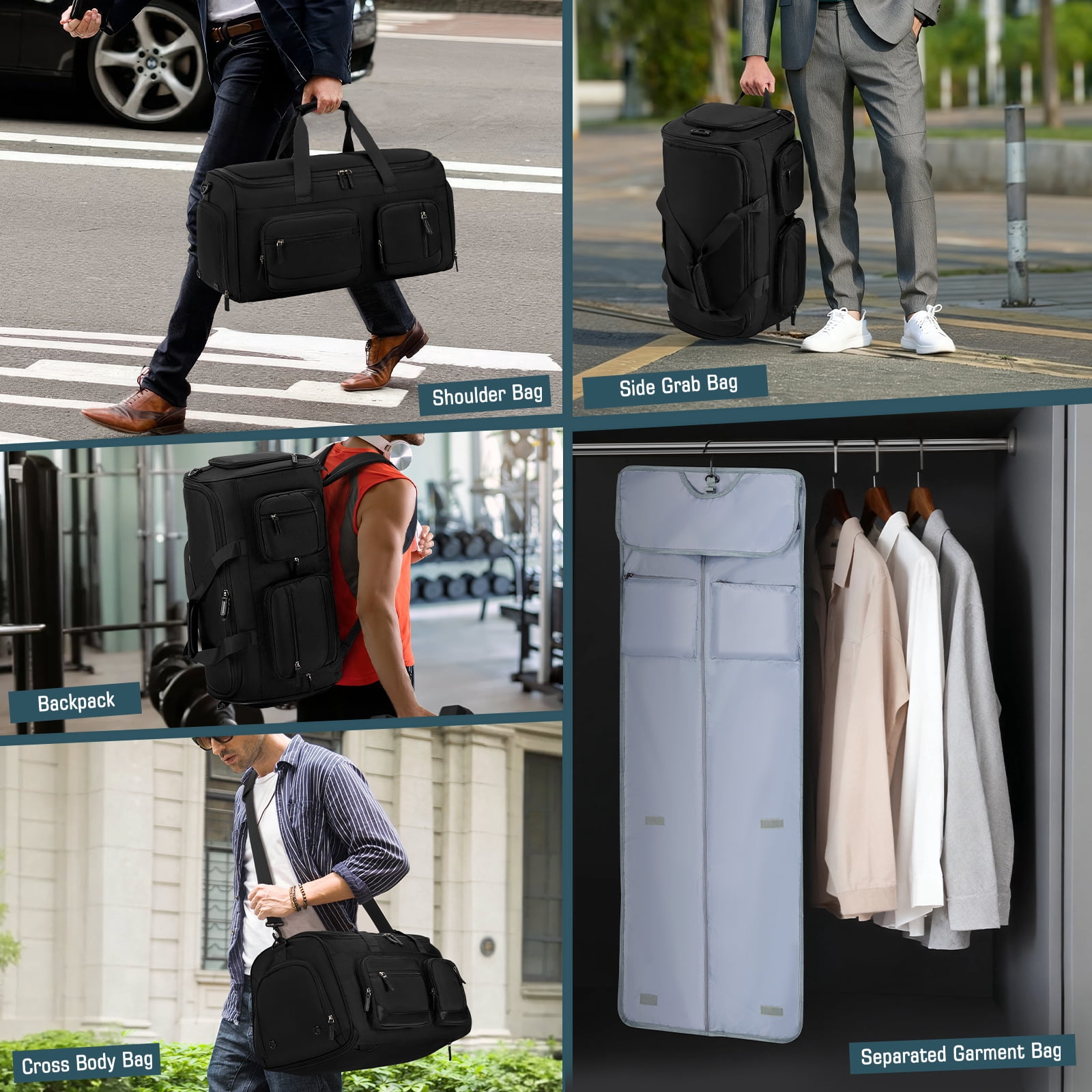 RAINSMORE Travel Garment Bag for Men, 3 in 1 Convertible Duffel Bag with Suit Hanger, Large Capacity Travel Carry on with Shoe Compartment Water Resistant Weekend Overnight Bag Business Trip, Black
