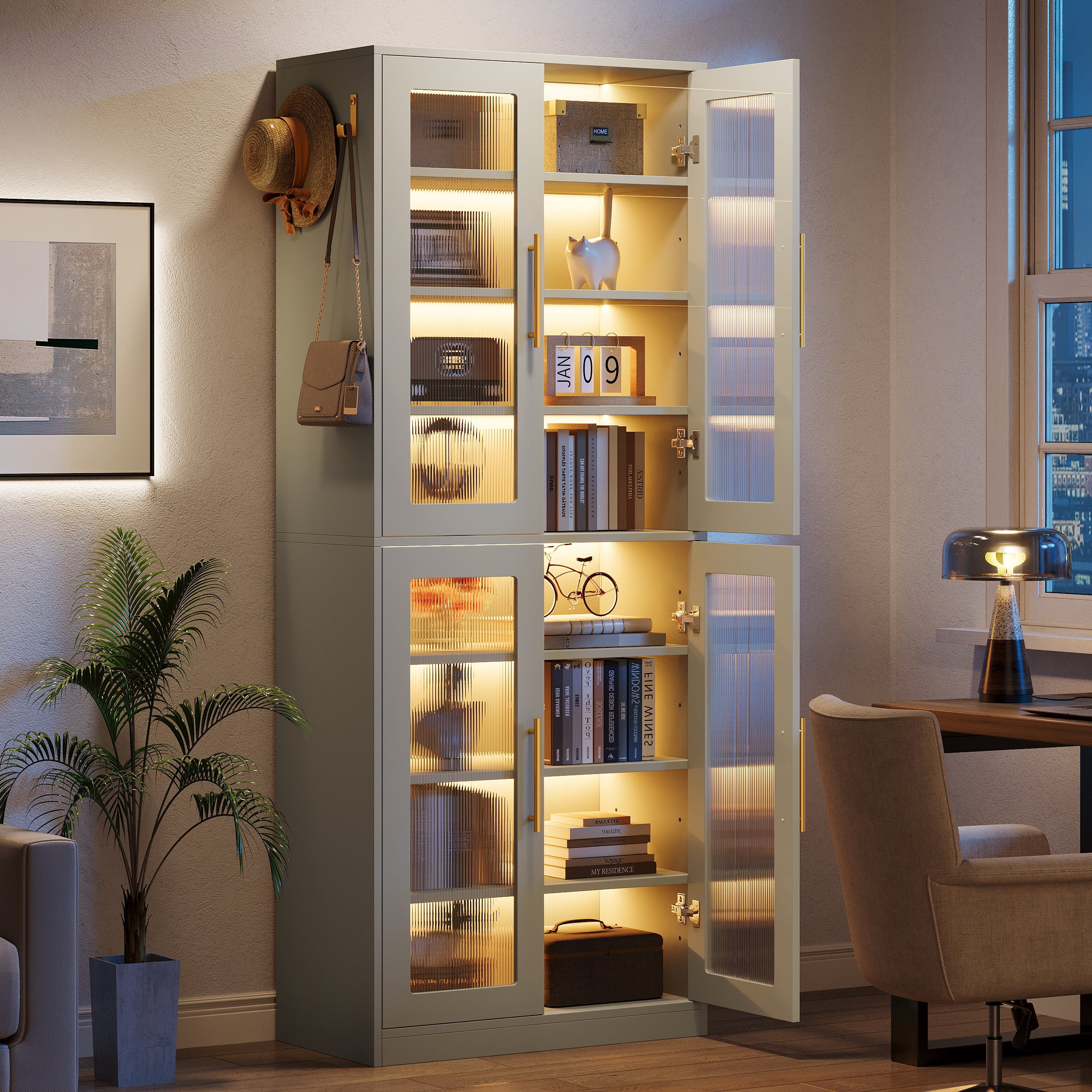 Fnova 66.93" Bookcase with Doors, 8 Tier Storage Cabinet with LED Lights for Living Room, Bedroom, Study, Gray