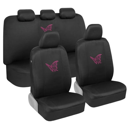 BDK Pink Butterflies Car Seat Covers for Women, Full Set with Steering Wheel Cover and Seat Belt Pads – Front and Rear Covers with Matching Embroidered Accessories, Fits Most Car Truck Van SUV
