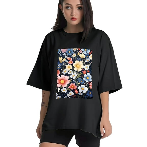 Plus Size Shirt for Women Black Tops for Women Short Sleeves Shirt for Women Color Small Flowers2 T Shirt Crewneck Shirt for Women XS