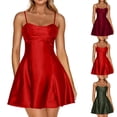 thumbnail image 3 of Women's Satin Spaghetti Strap Mini Dress Ruched Bust Fit and Flare Party Graduation Dress, 3 of 3