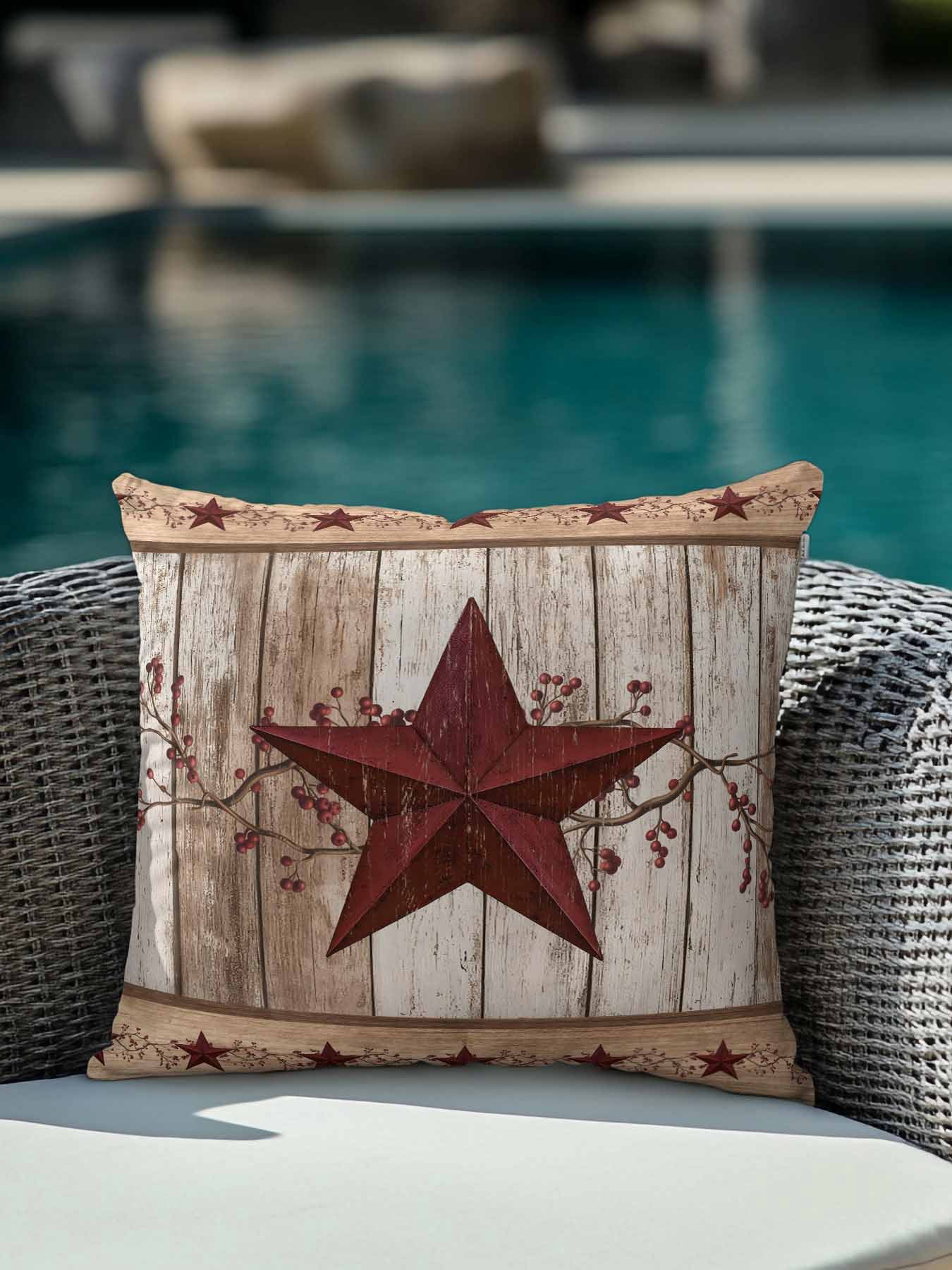 Outdoor Pillows Waterproof, Red Texas Star Vintage Bedding Throw Pillows with Insert for Couch Sofa Bed, Farmhouse Berry Brown Wooden 16x16 Inch Pillowcases Decorative Camping Patio Pillow Set of 1