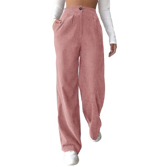 Pantalones Sueltos De Mujer Cintura Alta Color Puro Cierre De Botón Pantalones Largos Rectos Para Mujer Rosa S