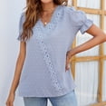 thumbnail image 7 of QLEICOM Women Summer T Shirts Fashion Casual V Neck Short Sleeve Solid Color Loose Tops Ladies Fall Pullover Tee Blouses Blue XXL, 7 of 7