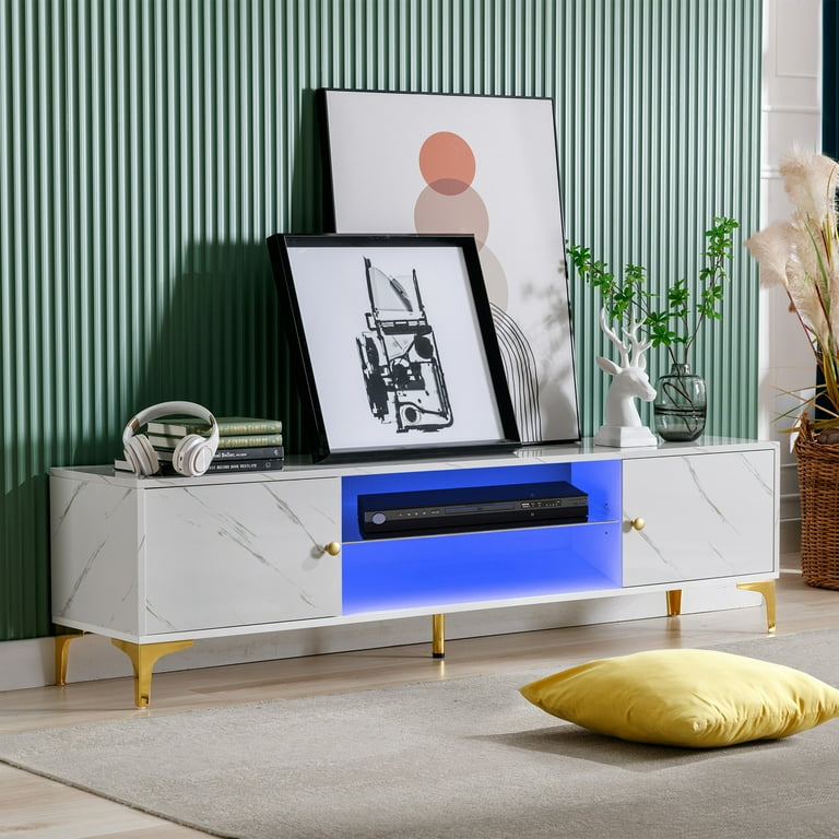 COSVALVE 62.3 White Marble TV Stand LED Light 2 Cabinets 2 Shelves Walmart