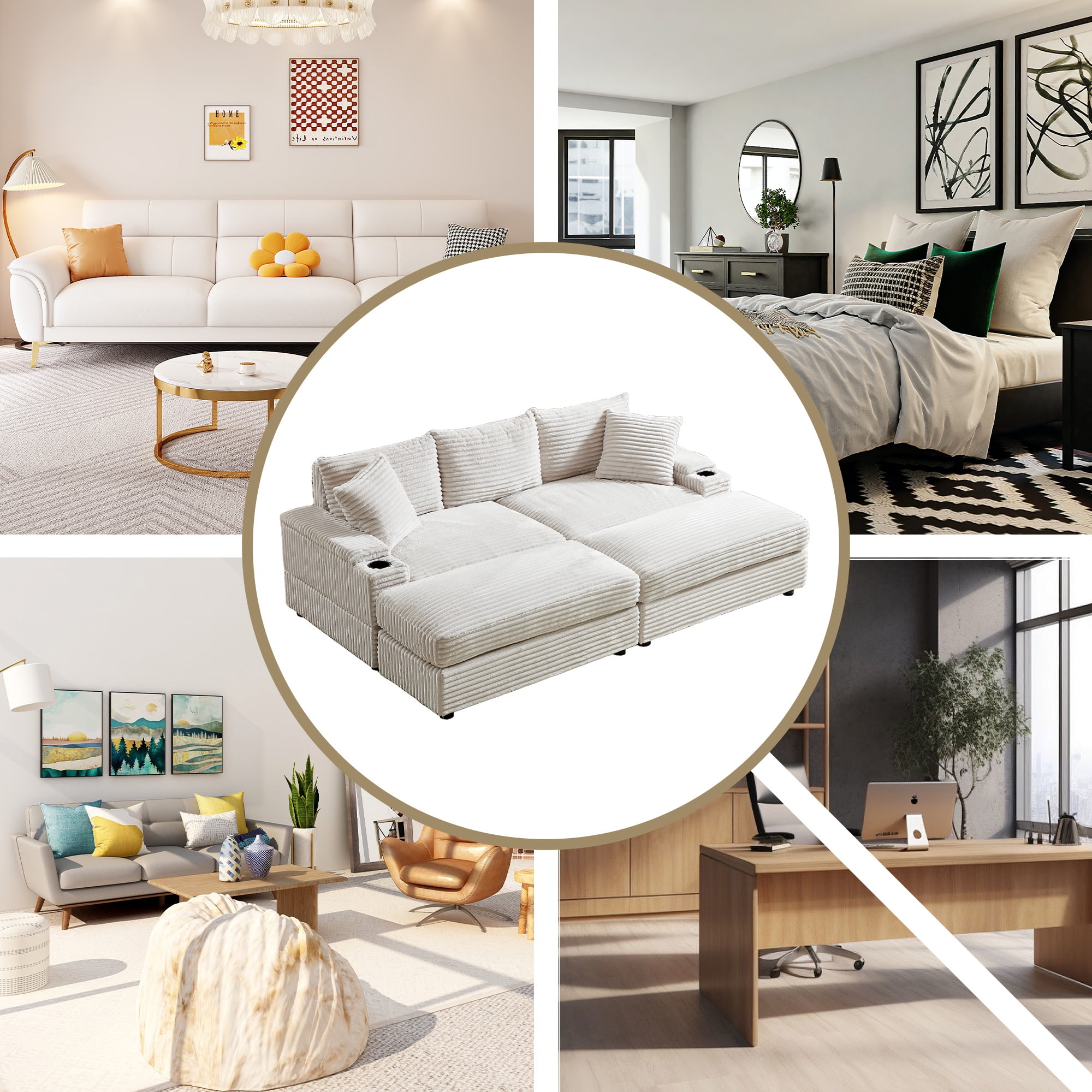 BUIORD 87" Sectional Couch with Ottoman, Oversized Corduroy 3-Seater Sofa with Storage Armrest and Cup Holders, Deep Seat Upholstered Couch for Living Room Bedroom, Beige