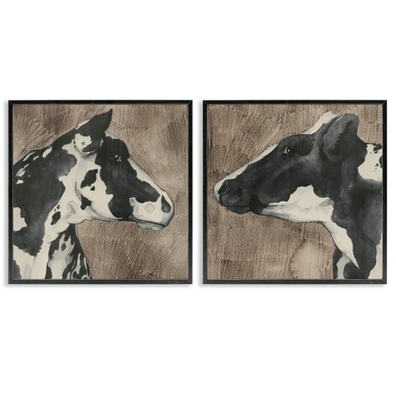 Stupell Industries Holstein Cow Portrait Profile Animals Painting Black Framed Art Print Wall Art, 12 x 12, Set of 2