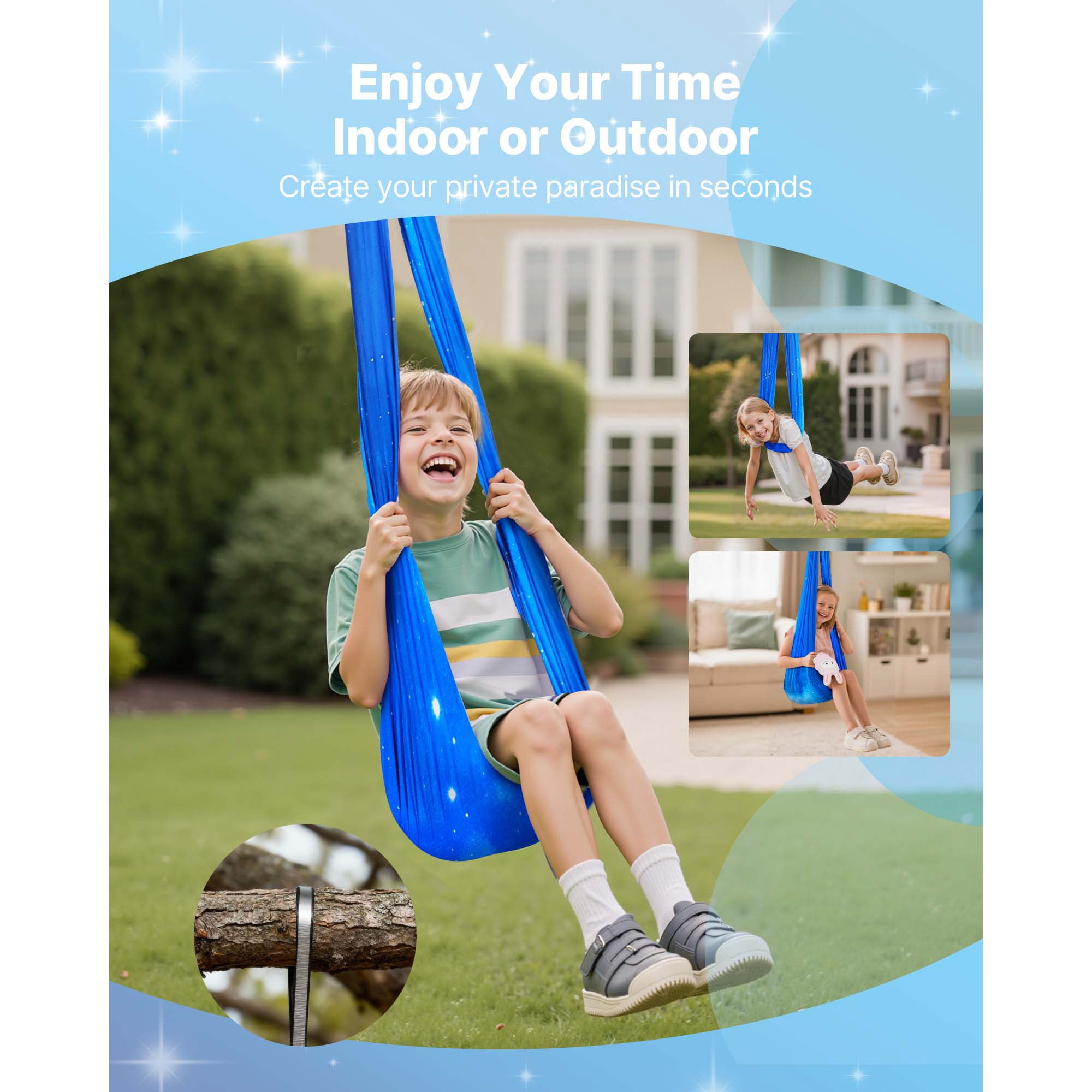 KFFKFF Sensory Swing with Double-Layer Fabric, Indoor & Outdoor Hammock for Kids, 360° Swivel Hanger, O-Sling, Supports up to 300lbs, Adjustable Aerial Yoga Hanging Swing