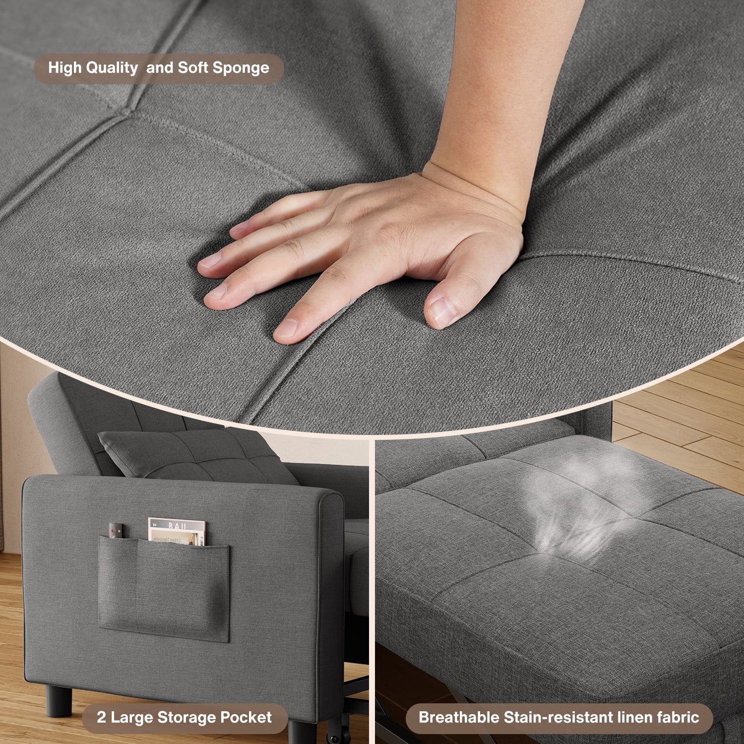 3-in-1 Convertible Sleeper Chair, Lightweight Foldable Sofa Bed for Small Spaces, Linen Upholstery, Dark Gray