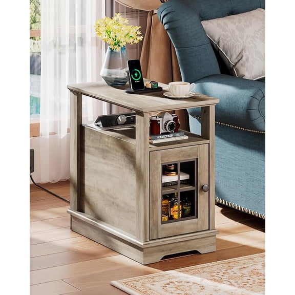 GALAXHERO Farmhouse End Table with Charging Station Narrow Side Table for Living Room Night Stand with Storage, Nightstand with USB Ports and Outlets for Bedroom Greige