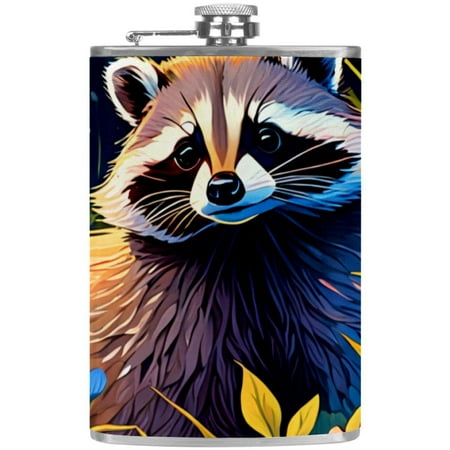 

josid Color Drawing Raccoon 3.6x6in Stainless Steel Small Flask Leak-Proof Stainless Steel Construction Wrapped in Premium Two-Layer Leather Nano-Printed Design 227ml Capacity