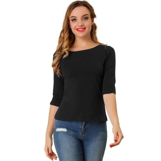 CamiseAjustaCon Cuello Redondo Y Mangas Al Codo PaMujer Negro S