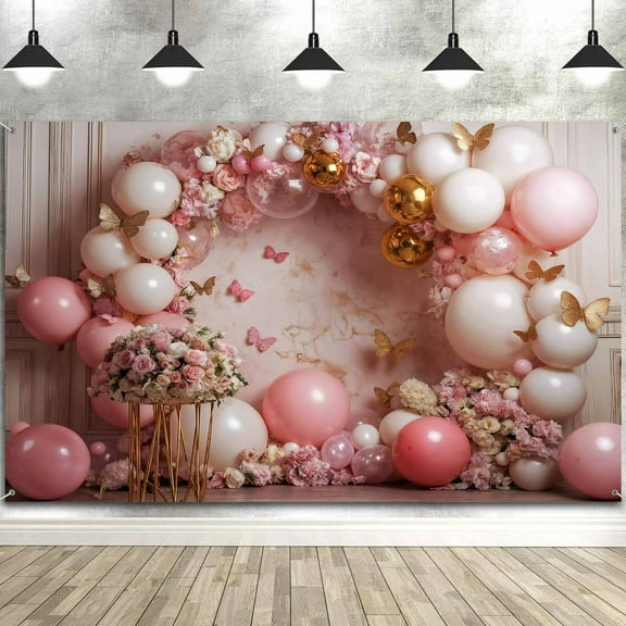 Baby Girl Happy Birthday Backdrop Butterflies Gold Pink Princess Balloons Lights Photography Background Party Decorations Photo Booth Studio Prop 10X8