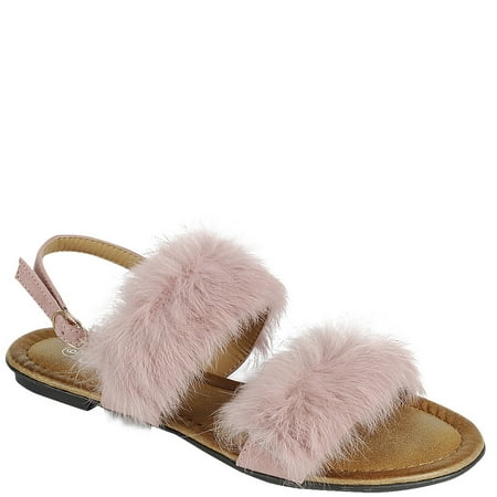 

Women Pom Pom Wide Strap Fur Cute Stylish T-Strap Sandals Flats Shoes Pink