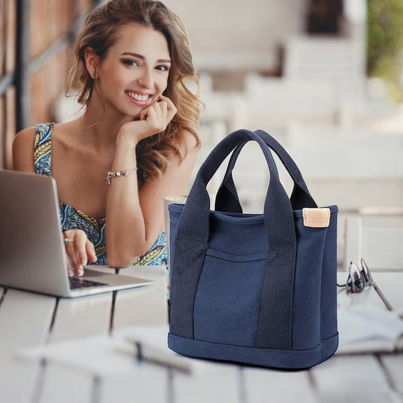 RICHMJ Canvas Tote Bag for Women, Small Mini Totes Bags with Zipper Crossbody Purse with Pockets Shoulder Handbag, Daily Use Work Shopping Tote For Women (Blue)