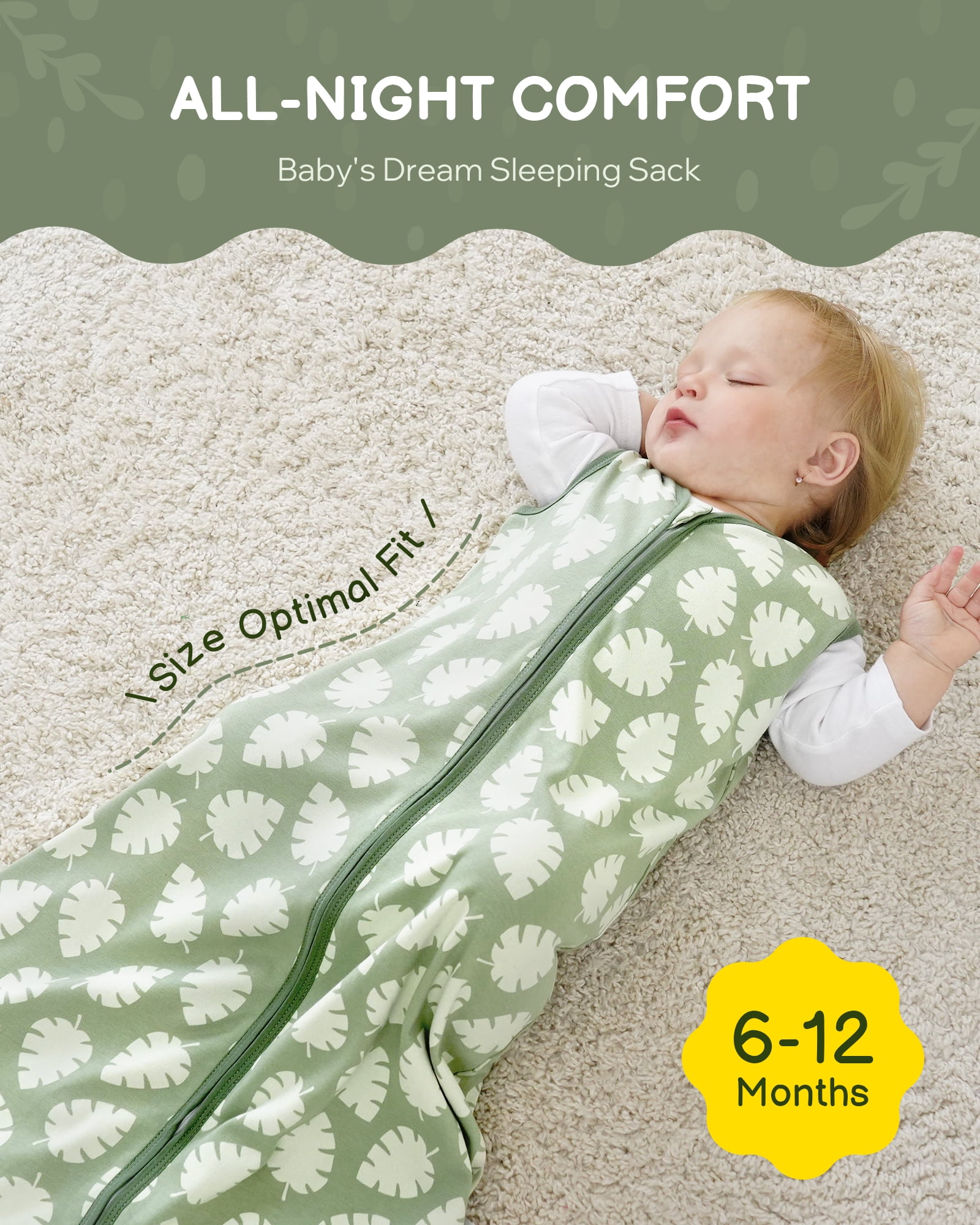 Baby Sleep Sack 6-12 Months, 100% Organic Cotton Wearable Blanket for Babies, 2-Way Zipper TOG 0.5 Lightweight Breathable Baby Sleeping Bag, 4 Sizes-M Leaf＆Green