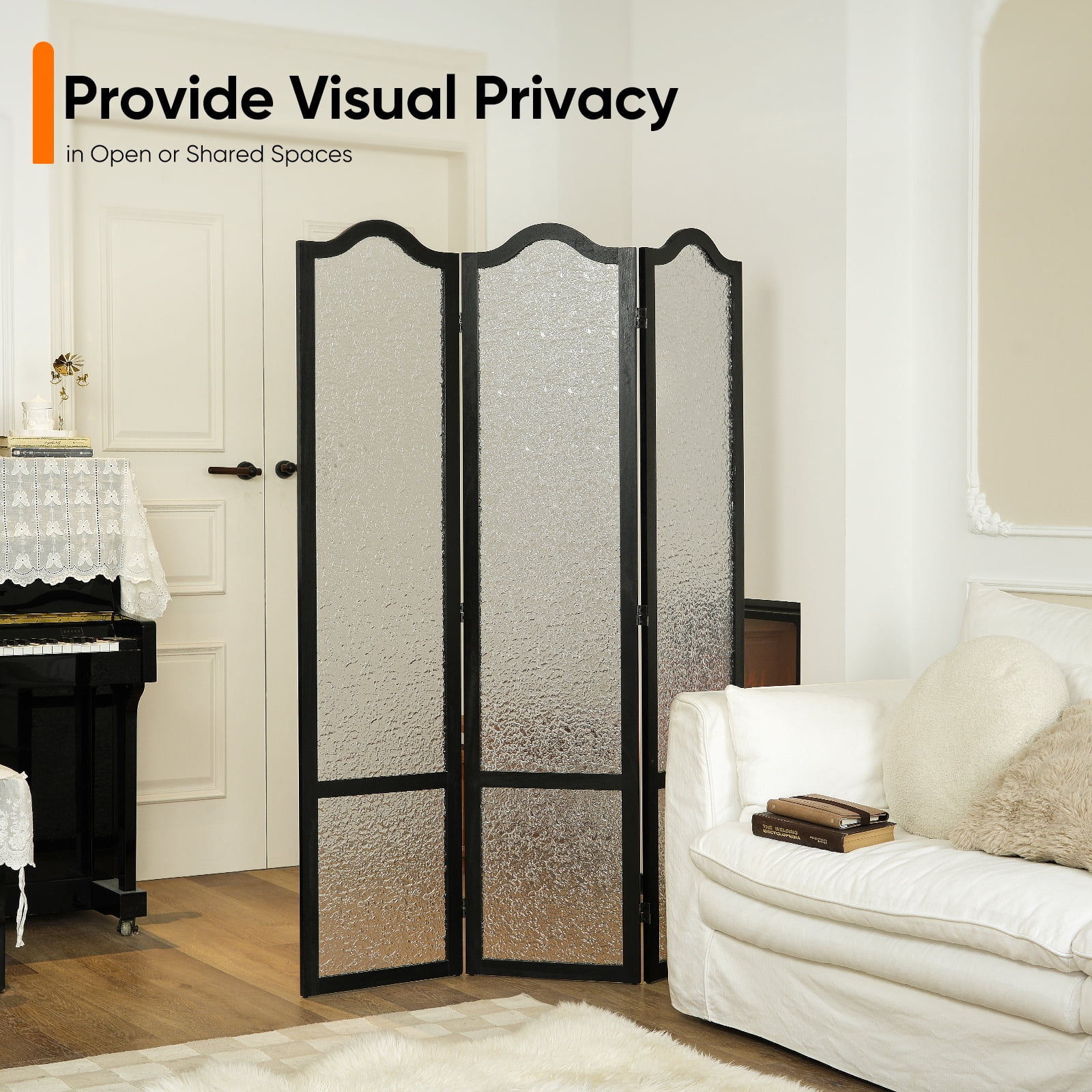 Jostyle 3 Panel Acrylic Room Divider Privacy Screen Translucent Folding Partition with Paulownia Wood Frame Black, Shatterproof & Space-Saving for Living Room, Bedroom, Office