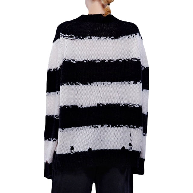 Fortune Women Loose Sweaters Stripes Knit Sweatshirt Long Sleeve Ripped Pullover Tops