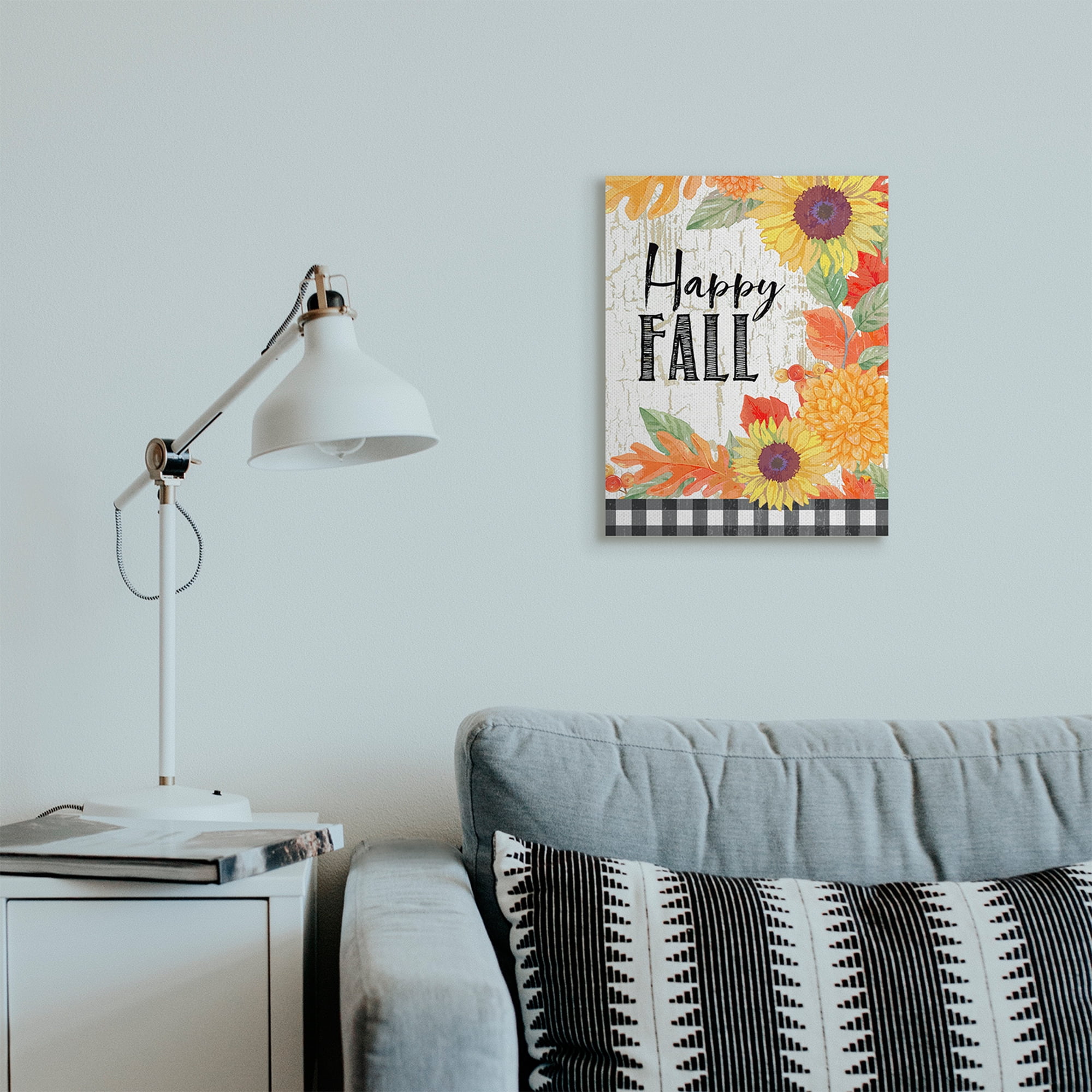 Stupell Industries Happy Fall Phrase Checkered Plaid Sunflower Floral Landscape Painting Gallery Wrapped Canvas Art Print Wall Art, 16 x 20