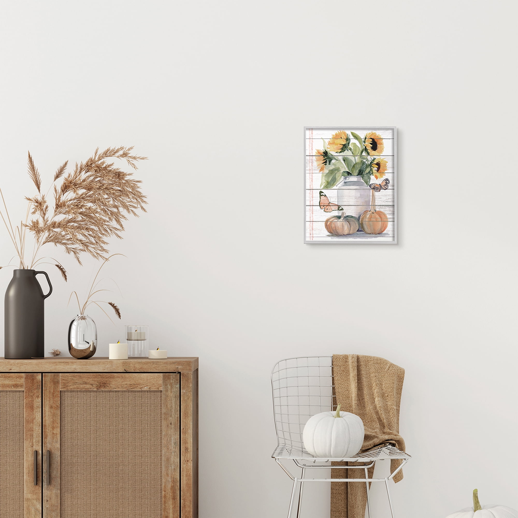 Stupell Industries Autumn Sunflower Jar Orange Monarch Butterflies Botanical & Floral Painting Gray Framed Art Print Wall Art, 11 x 14