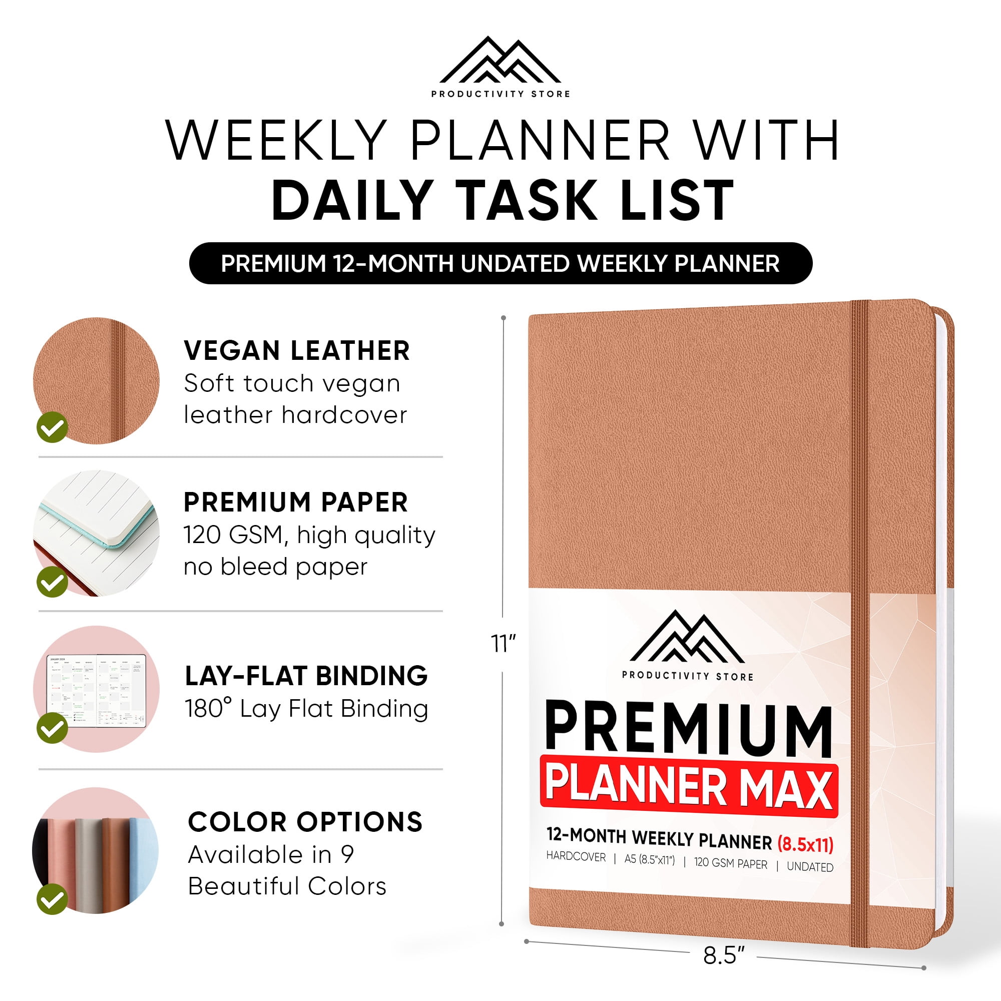 Productivity Store 2024 Planner 8.5 x 11 Pro Max - Undated 12 Month Calendar 2024 Planner - Monthly Planner, Weekly Planner & Daily Planner 2024-2025 - Leather - A4