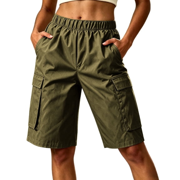hoksml Women Elastic Waist Cargo Shorts, Cool Silk Cotton Twill Fabric Casual Bermuda Shorts with Pockets