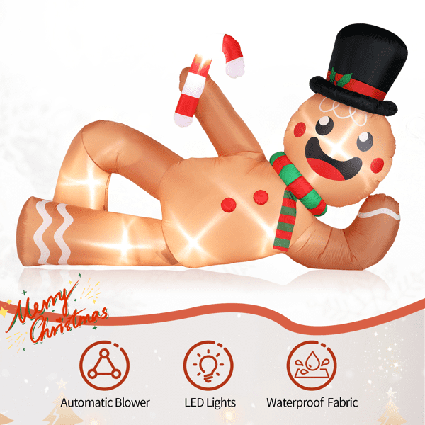 Alvantor 9.8 ft Christmas Inflatable Gingerbread Man with 6 LED Lights, Reclining Yard Decoration, Multicolor