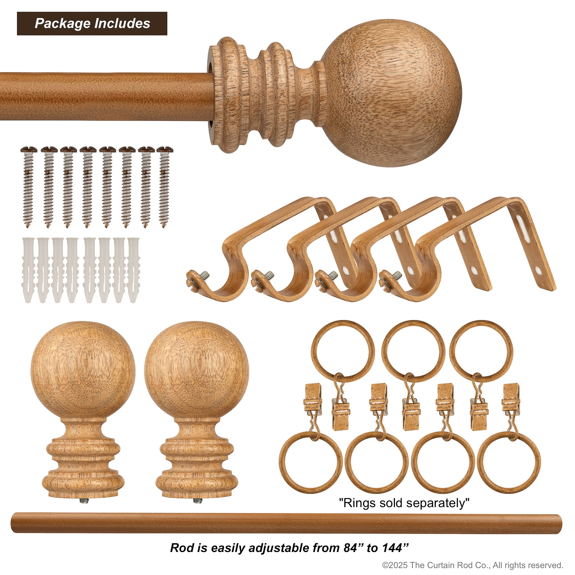 Amos Natural Farmhouse Real Oak Wood Finial  84” - 144”  Curtain Rod Set