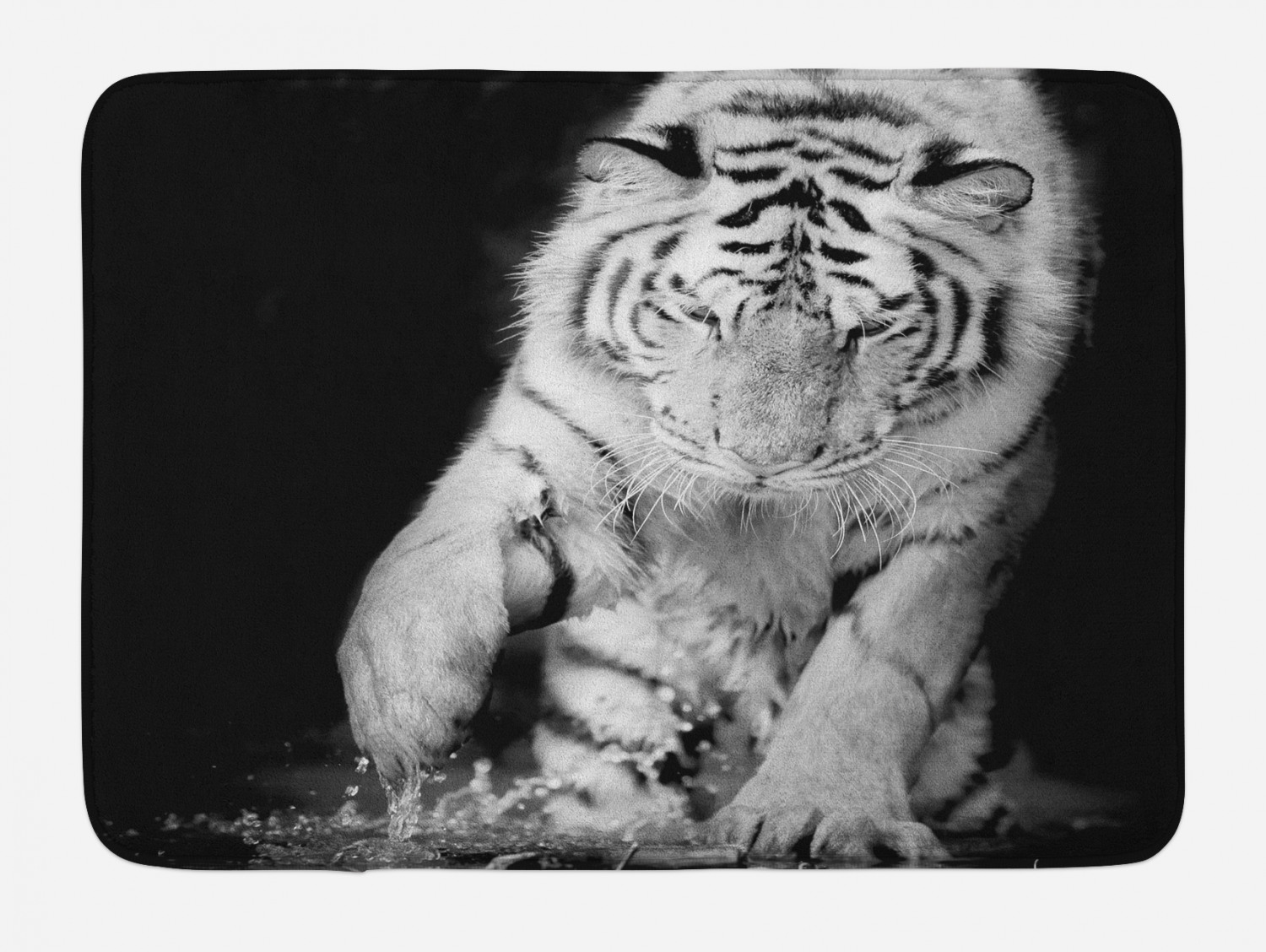 Tiger Bath Mat, Black and White Image of Large Cat Playing with Water