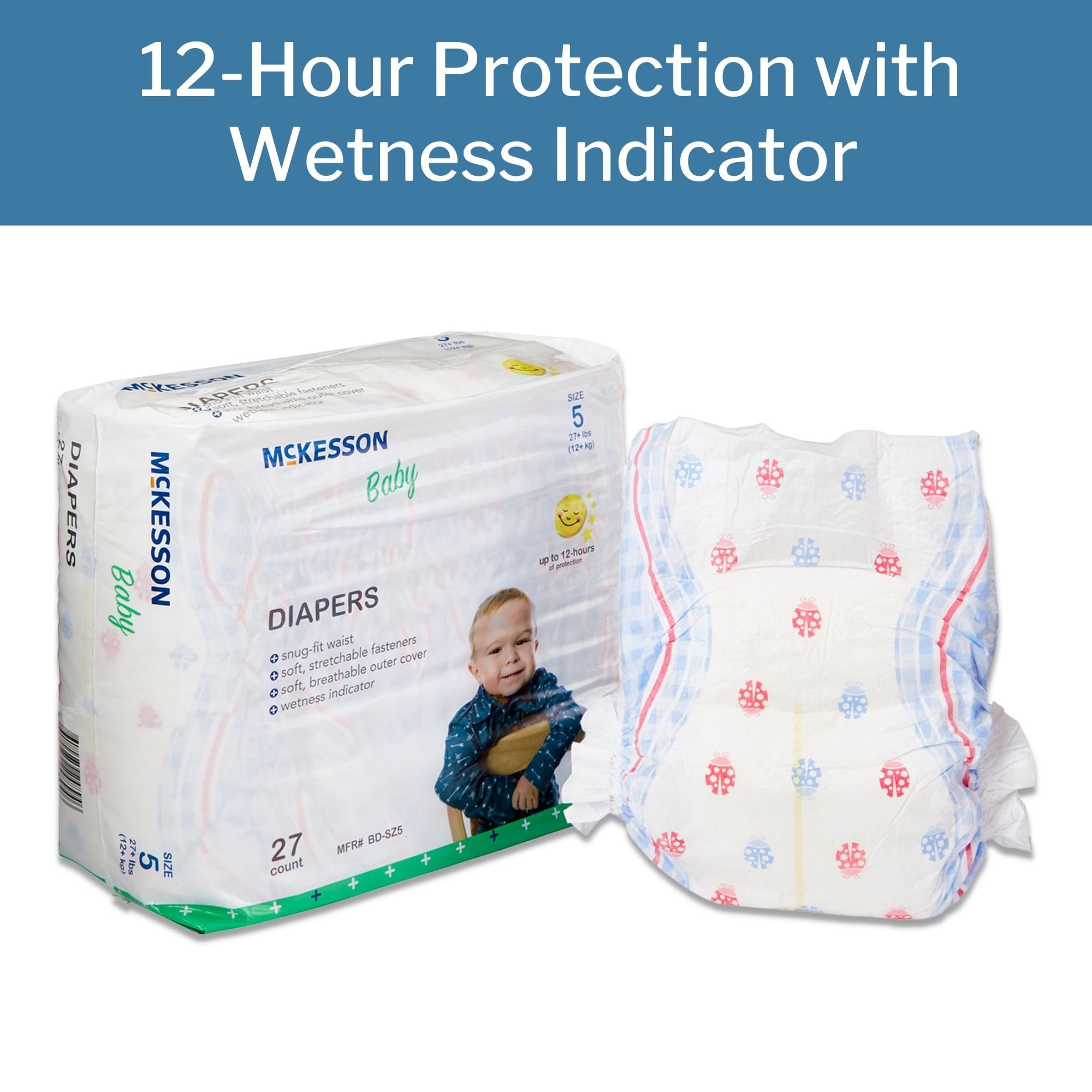 McKesson Baby Diapers - Flexible Fit, Wetness indicator, 12-Hour Protection - Size 5 (Over 27 lbs.), 27 Count, 4 Packs, 108 Total