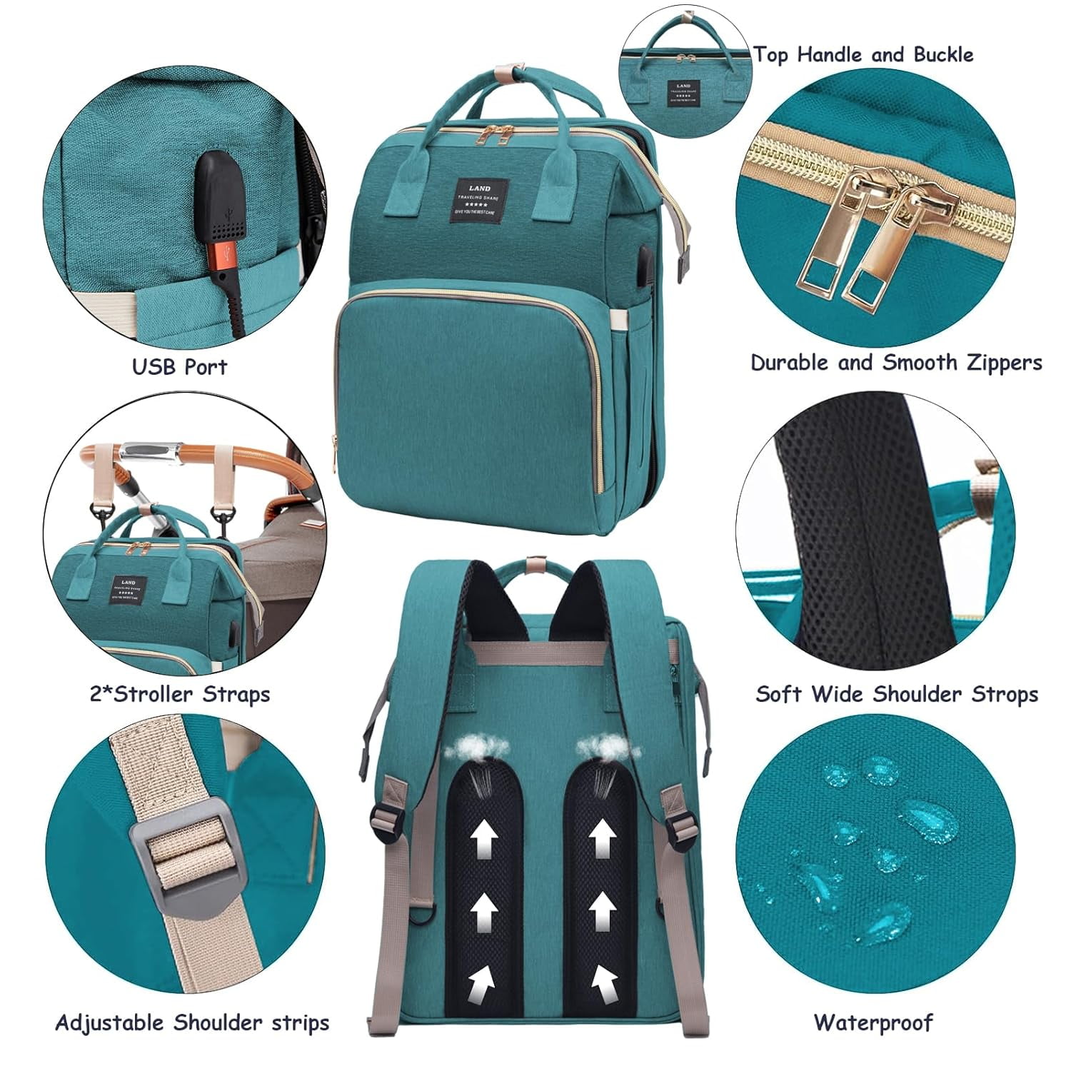 RSENFREMIOR Diaper Bag with Changing Station for Mom Dad, Large Capacity Travel Backpack with Stroller Straps ,3 in 1 Waterproof Foldable Changing Bag with Foldable Crib for Girls Boys