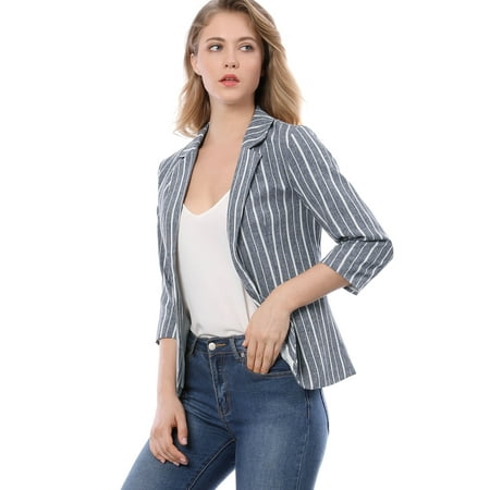 Lined Notched Collar Blazer - Women's Striped 3/4 Sleeves Open Front Notched Lapel Blazer