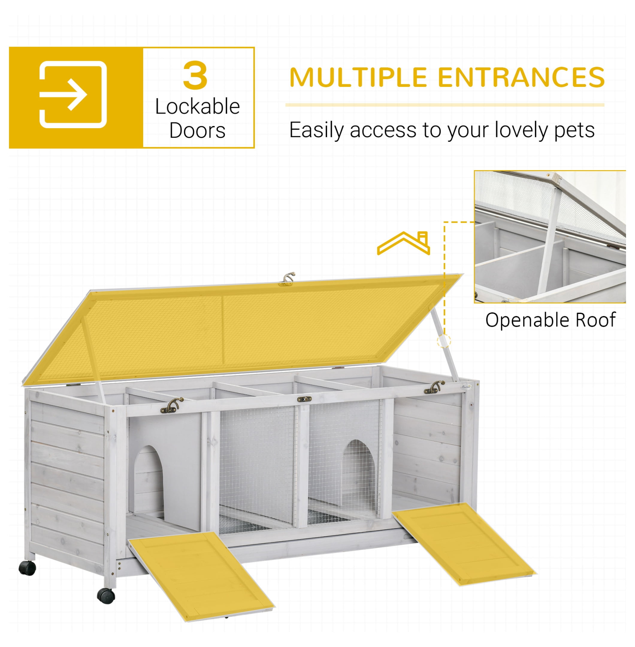 Wooden Rabbit Hutch with Wheels, Bunny Cage - 2 Story Indoor Outdoor Small Animal Habitat for 1-2 Rabbits - Light Gray