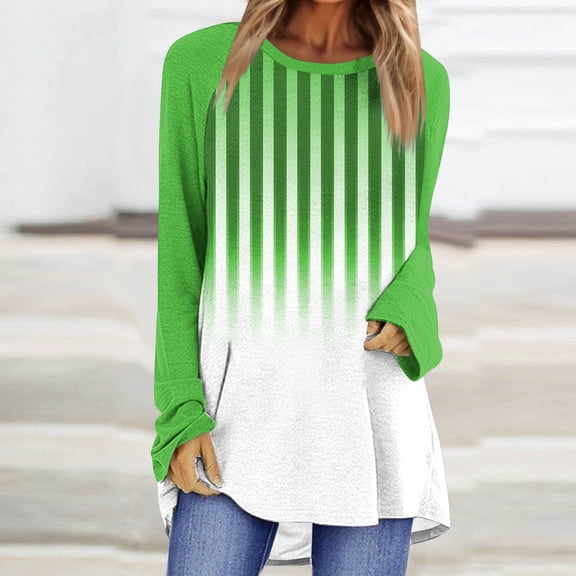 Junur Womens Striped Long Sleeve Shirts Outfits Color Block Tops Fashion Clothing Crewneck Tee Blouses S-XXXL