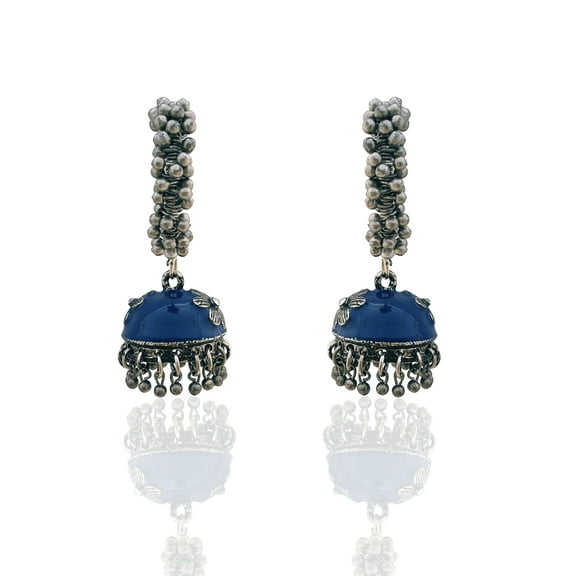 Moonstruck Ethnic Antique Meenakari Alloy Jhumkas with White Pearls for Women (Blue)