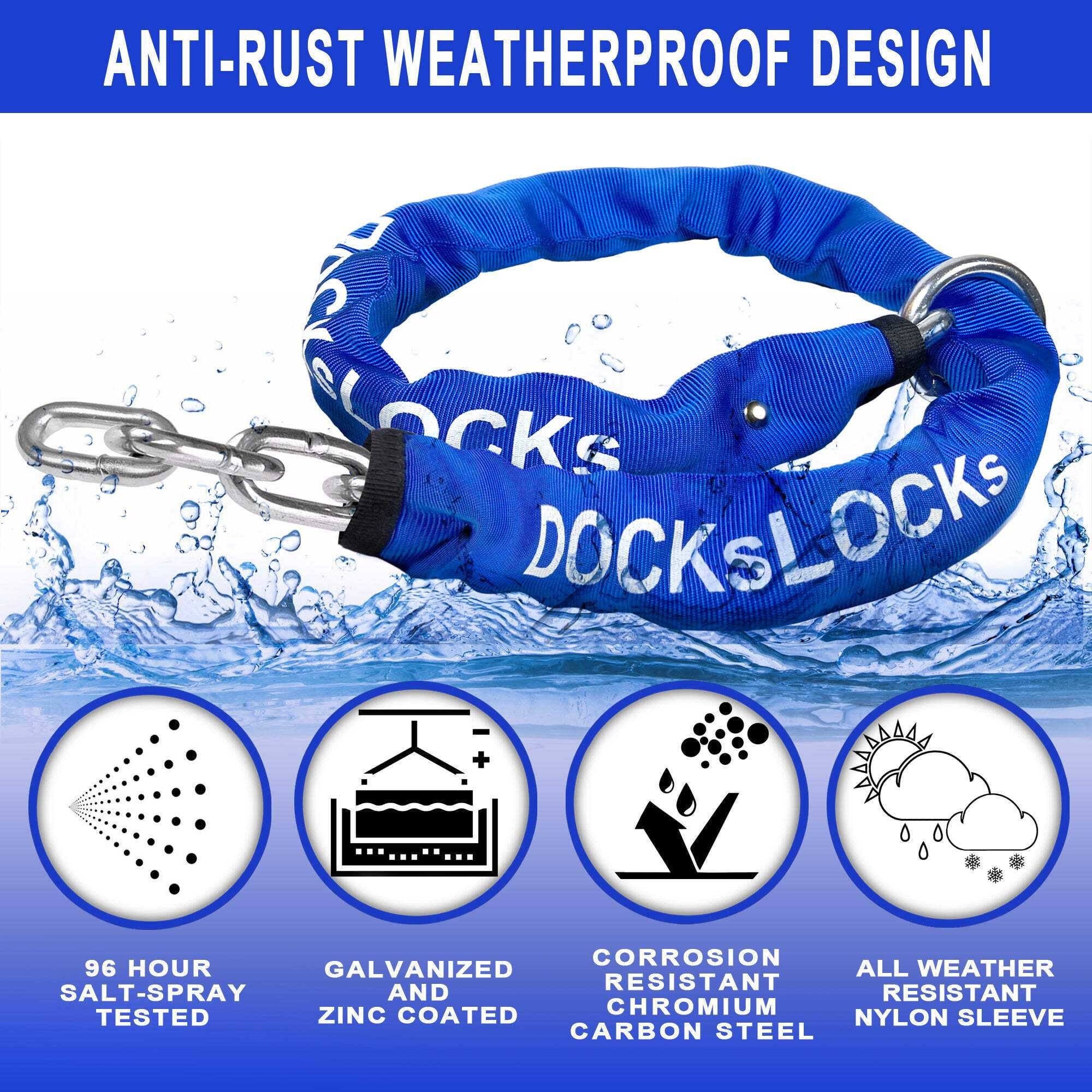 DocksLocks 3ft Weatherproof Cinch Style Security Chain (3ft/6ft/10ft) - Heavy Duty, Marine Grade Steel, Theft Prevention Strong Multi-Purpose Lock - 2.75 lbs