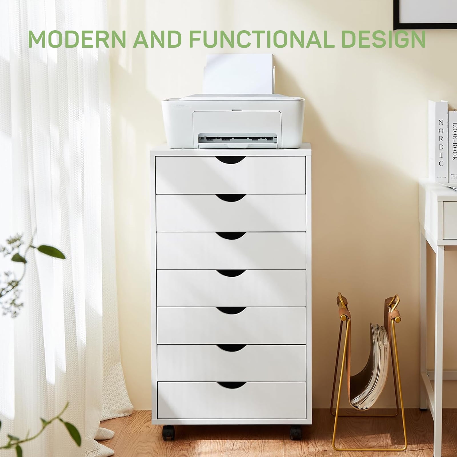 7-Drawer Wood File Cabinet with Wheels, Rolling Storage Organizer for Home Office, 18.74"W x 15.75"D x 34.25"H