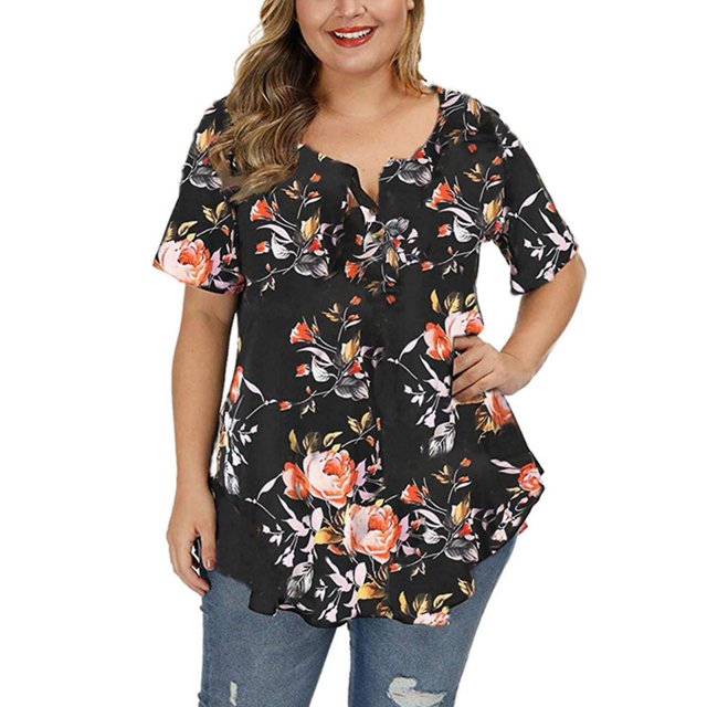 Camiseta de mujer Bohemio con cuello en V Slim Fit Impreso Tallas grandes Manga cortaBlackXS