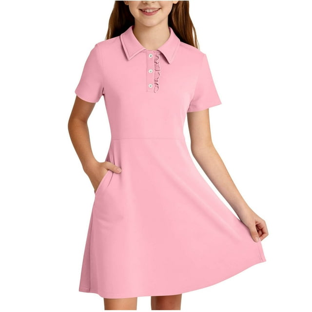 NTACZA Robe Fille à Manches Courtes, Robe de Tennis Mini Athlétique, Coupe Trapèze, avec Poche, à Volants, Robe de Golf pour Enfants 120