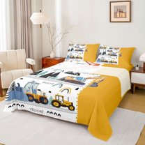 jejeloiu Bulldozer Crane Truck Full Size Sheets,Construction Vehicles Excavator Bed Sheets,White Yellow Sheet Sets For Boys Teens,Microfiber Bedroom Decor,4 Pieces